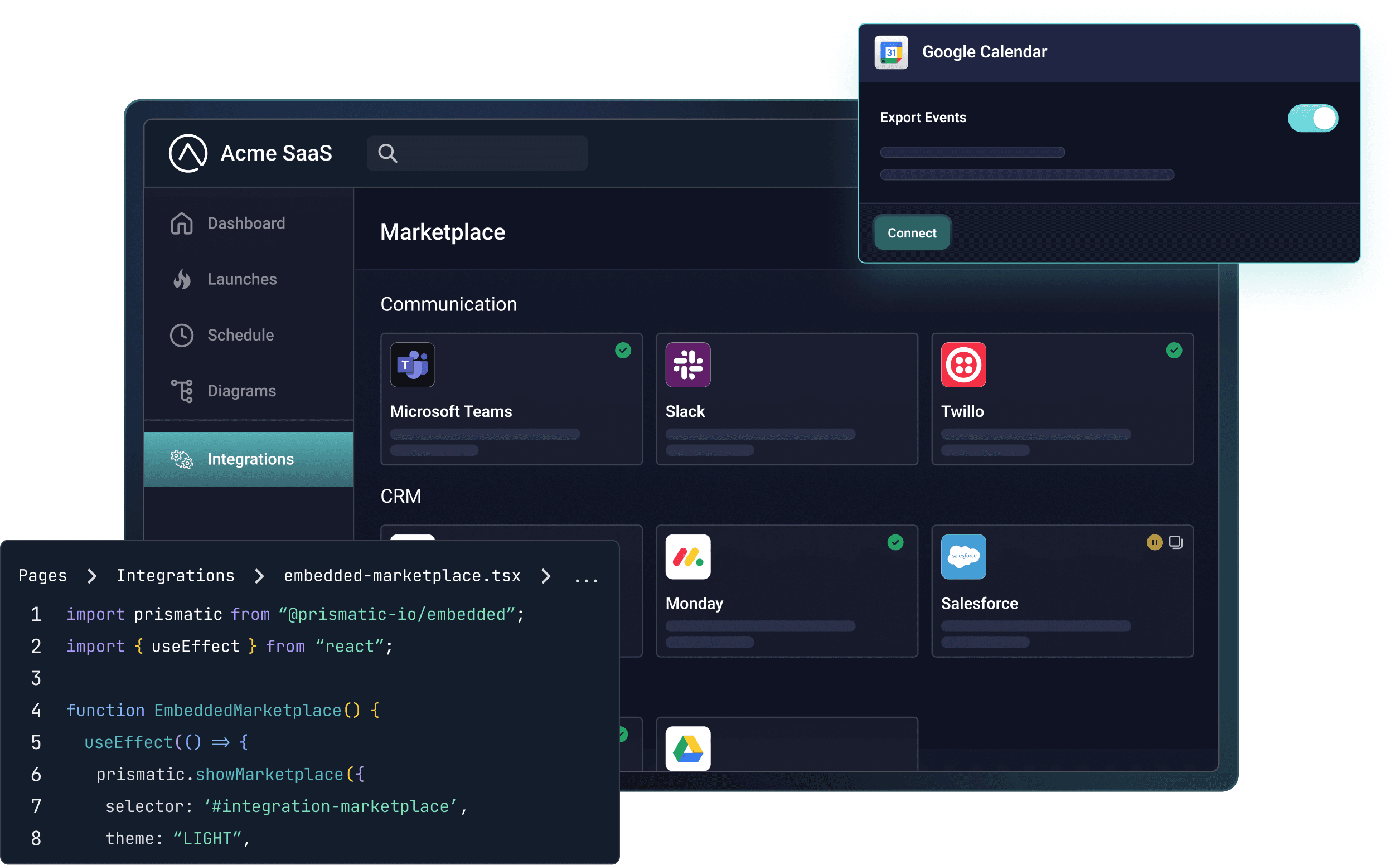 Acme SaaS marketplace with code and action overlays Acme SaaS marketplace with code and action overlays