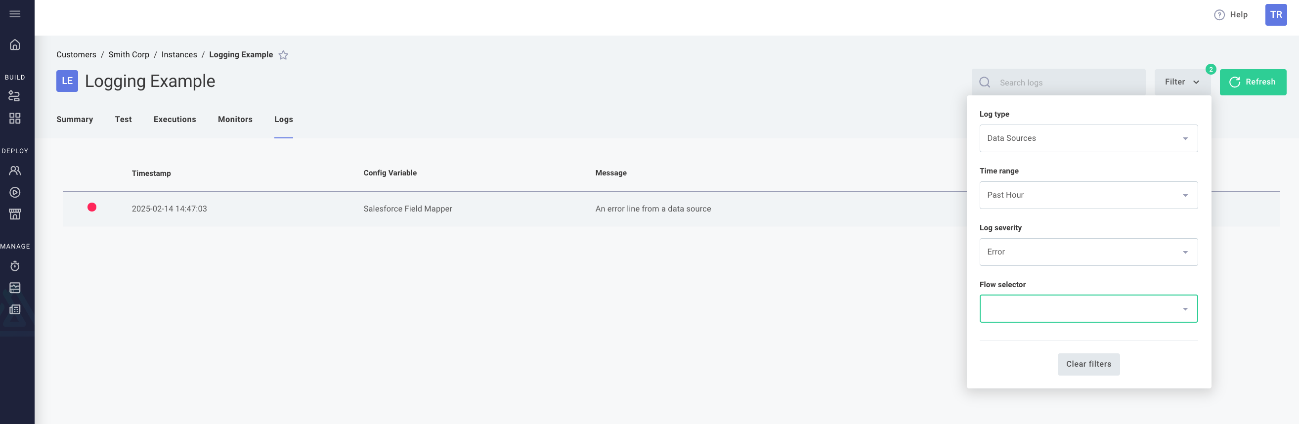 Filter customer logs in Prismatic app