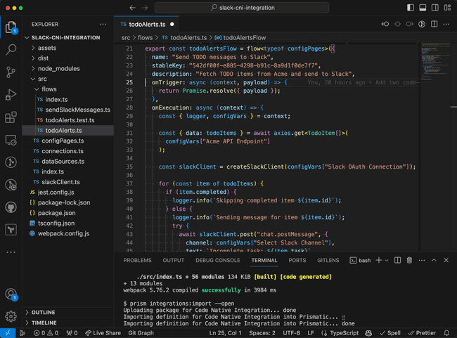 Screenshot of code-native integration based on Prismatic platform.